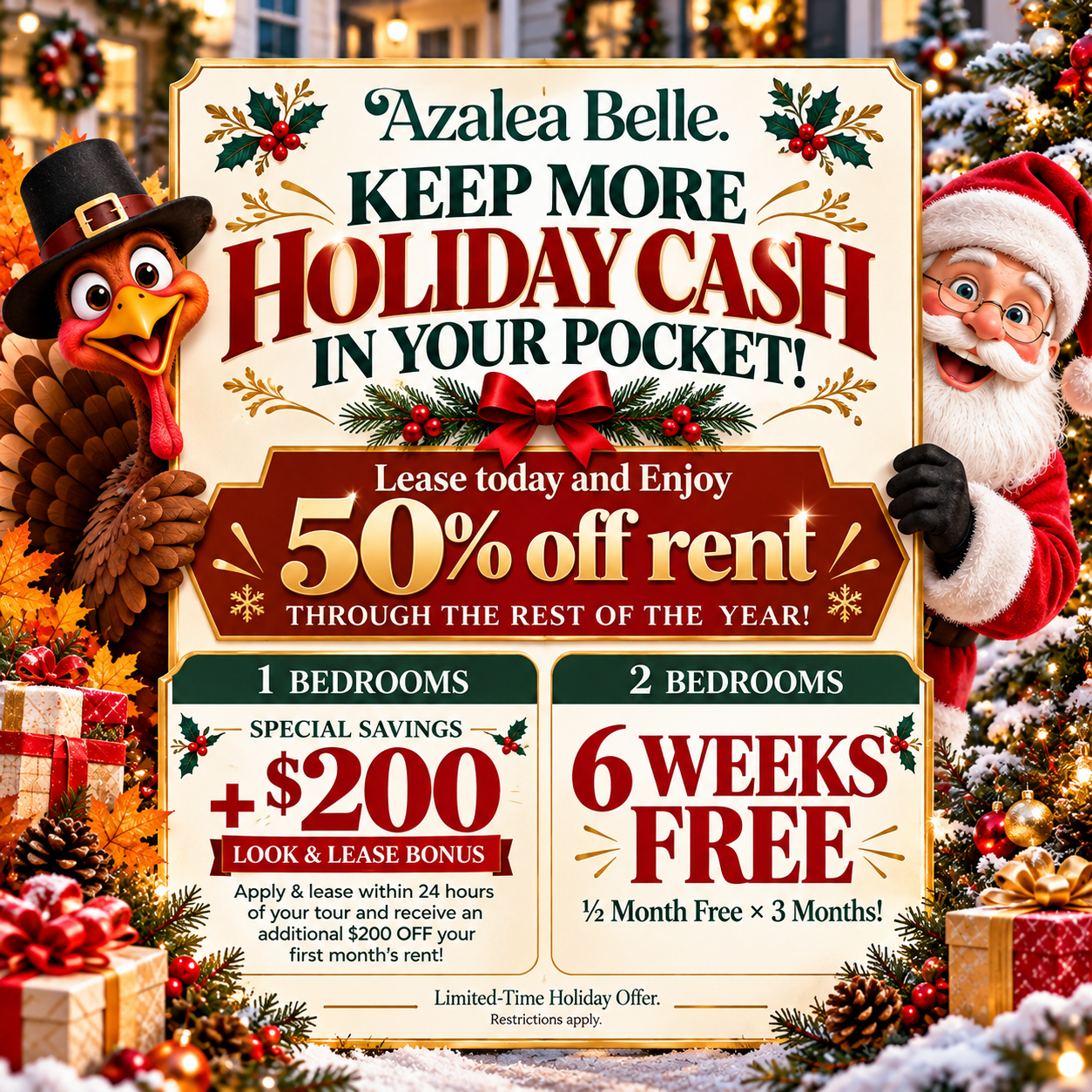 KEEP MORE HOLIDAY CASH IN YOUR POCKET Lease today and Enjoy
50% off rent through the rest of the year! 1 BEDROOMS SPECIAL SAVINGS + $200 LOOK & LEASE BONUS 2 BEDROOMS 6 WEEKS FREE ½ Month Free × 3 Month